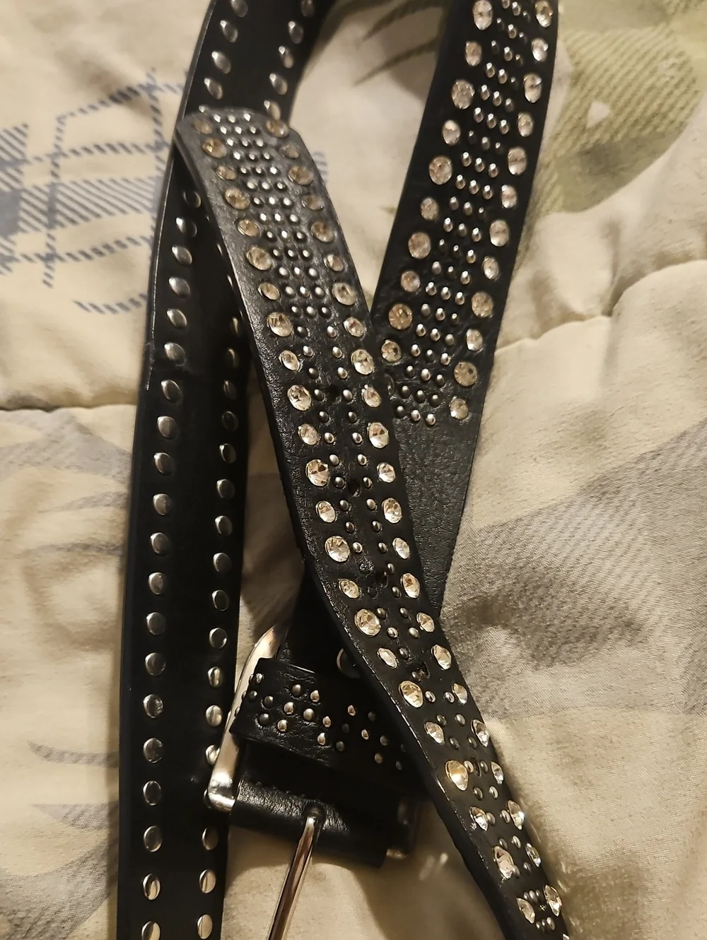 Black Studded Leather Belt with Crystal Accents -